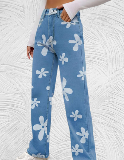 Frea - Denim jeans met hoge taille wijde pijpen met print van witte bloemen - Miller-Mode