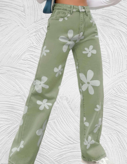 Frea - Denim jeans met hoge taille wijde pijpen met print van witte bloemen - Miller-Mode