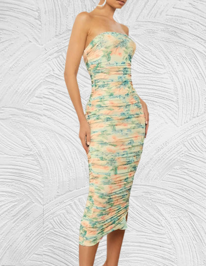 Linea - Lange bodycon kokerjurk met bloemenprint en zijsplit - Miller-Mode