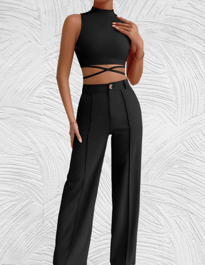 Salome - Slim fit 2-delige set met mouwloze en cropped top met x tie ontwerp met bijpassende broek met hoge taille - Miller-Mode