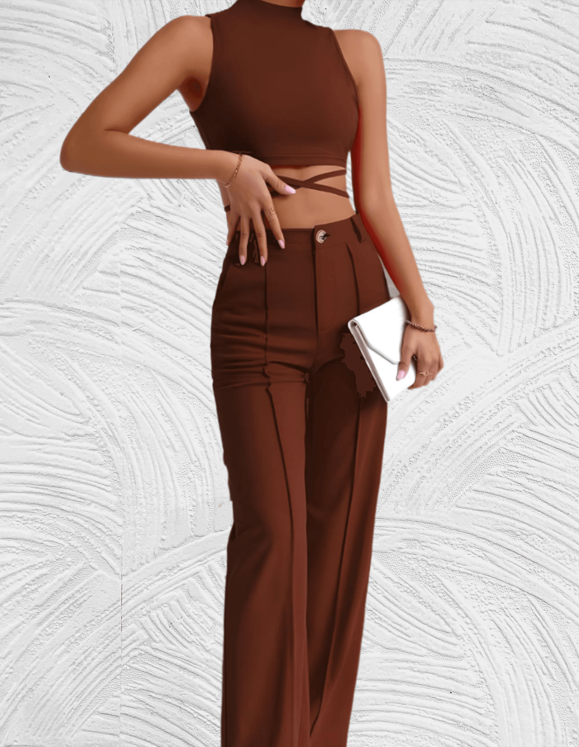 Salome - Slim fit 2-delige set met mouwloze en cropped top met x tie ontwerp met bijpassende broek met hoge taille - Miller-Mode