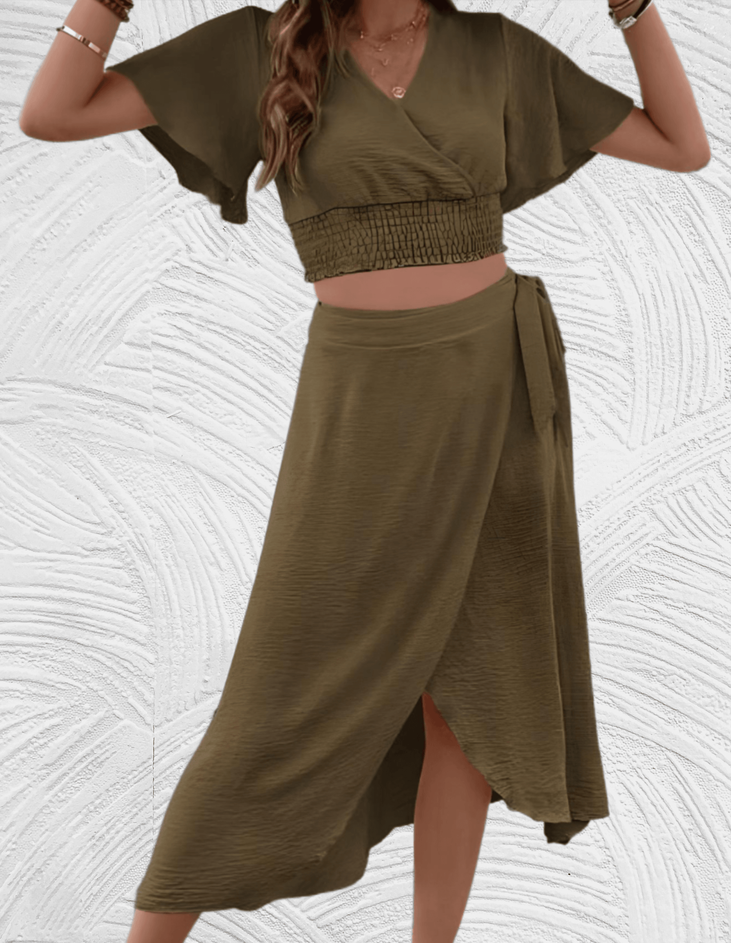 Shanti - 2-delige set met cropped top lage v hals wijde mouwen met bijpassende hoge taille en lange rok met zijsplit - Miller-Mode