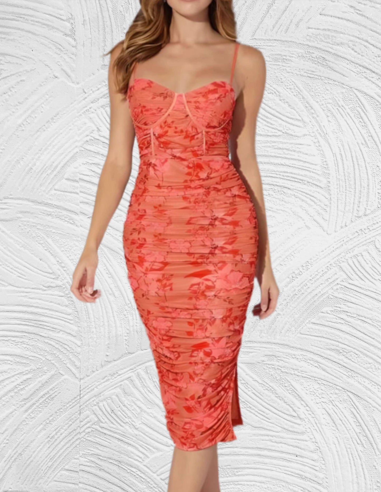 Shilloh - Oranje lange bodycon jurk zonder mouwen met mini zijsplit met print design - Miller-Mode