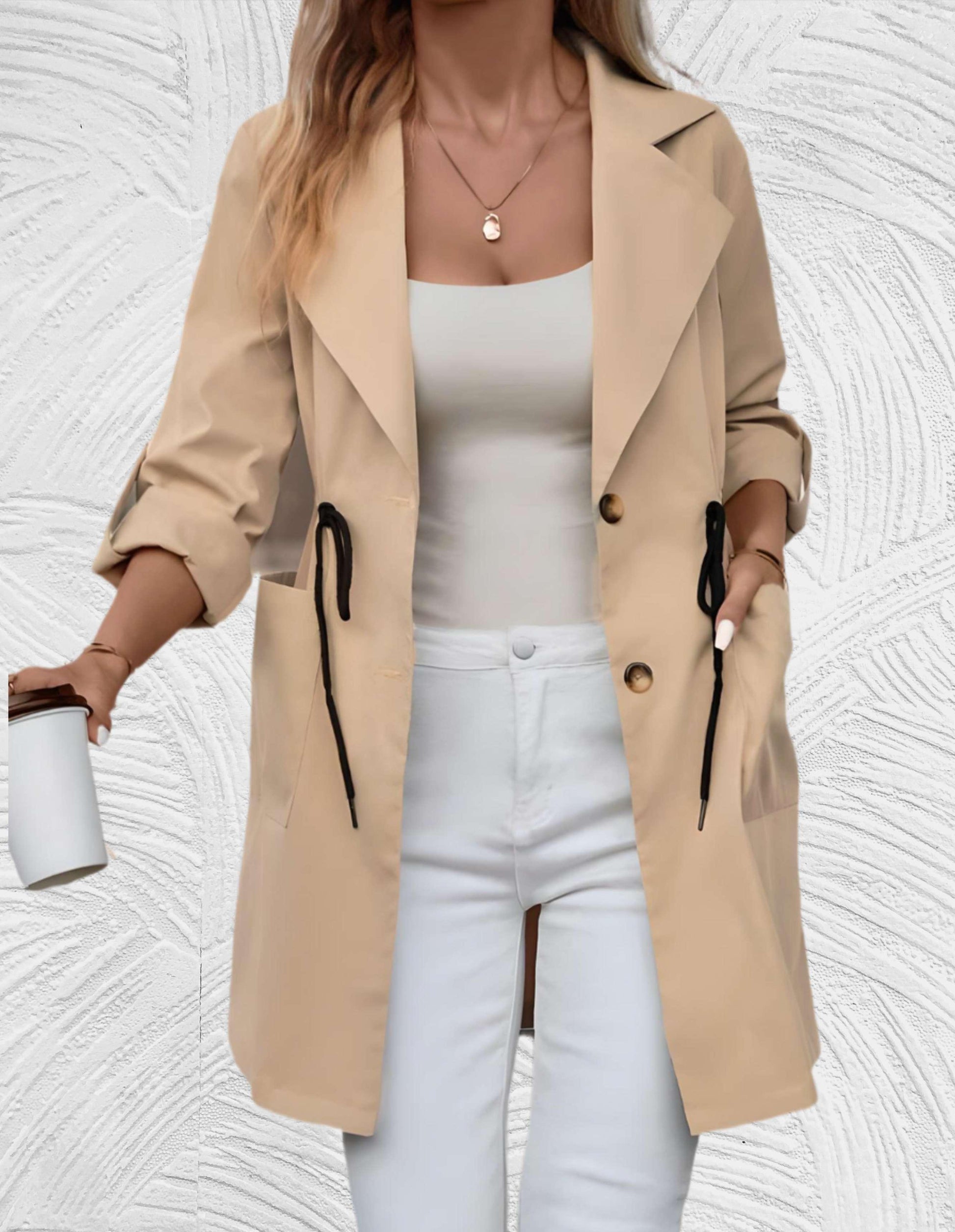 Maribel -Lange trench coat met knopen in beige - Miller-Mode