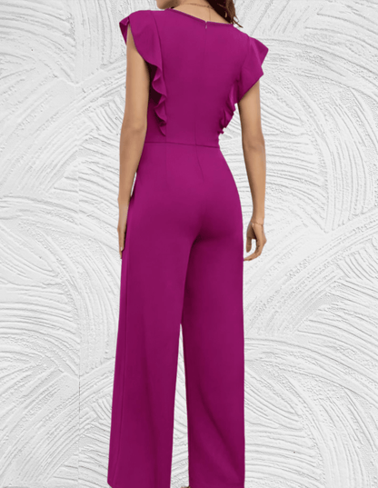 Yuxin - Slim fit jumpsuit met open ronde hals ruches aan de mouwen en wijde pijpen - Miller-Mode